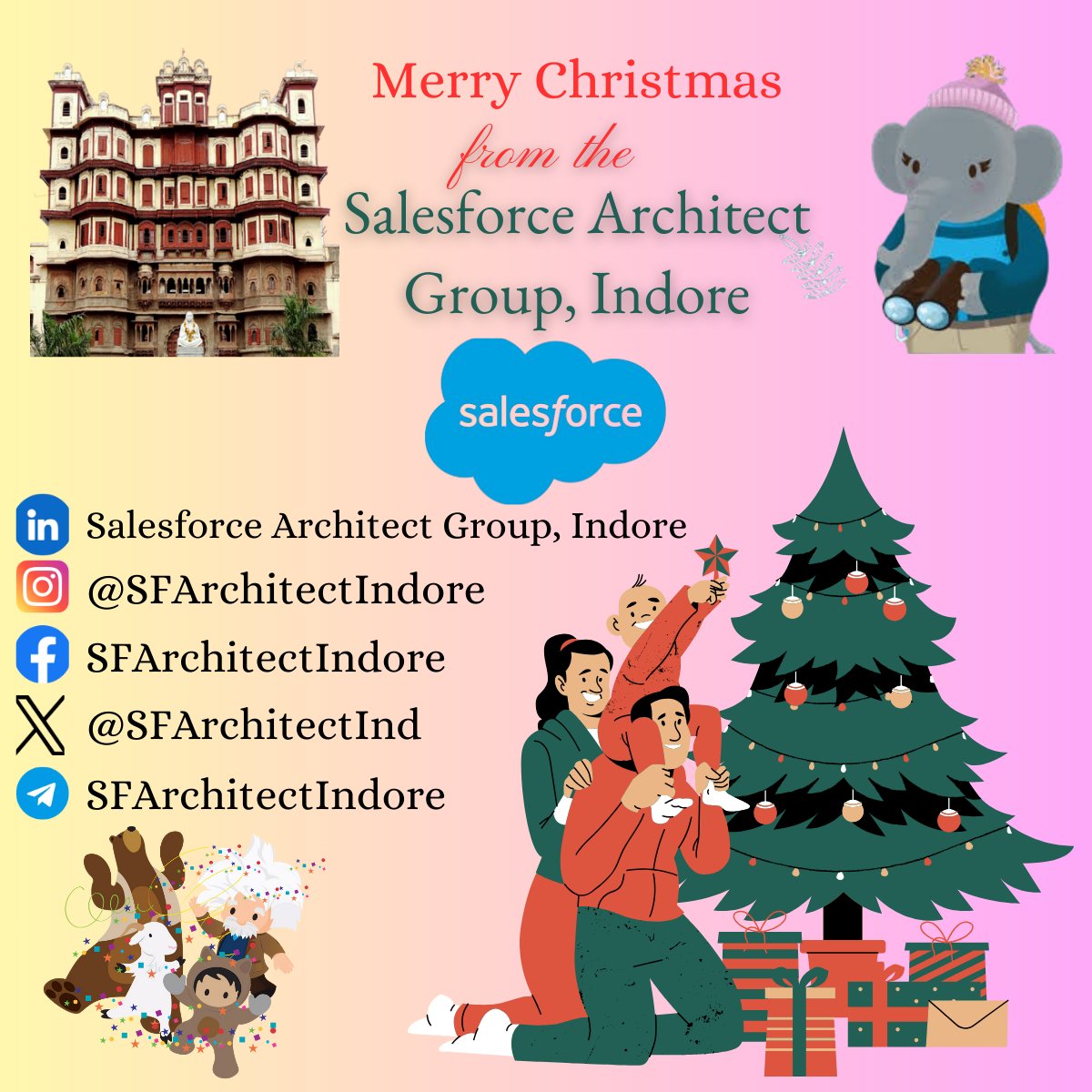 🎄✨ Merry Christmas 🎉☁️
As we celebrate this festive season, let's reflect on the milestones we’ve achieved together and the community we've built. May this Christmas bring you and your loved ones joy, warmth, and success.
#MerryChristmas #SalesforceArchitectsIndore