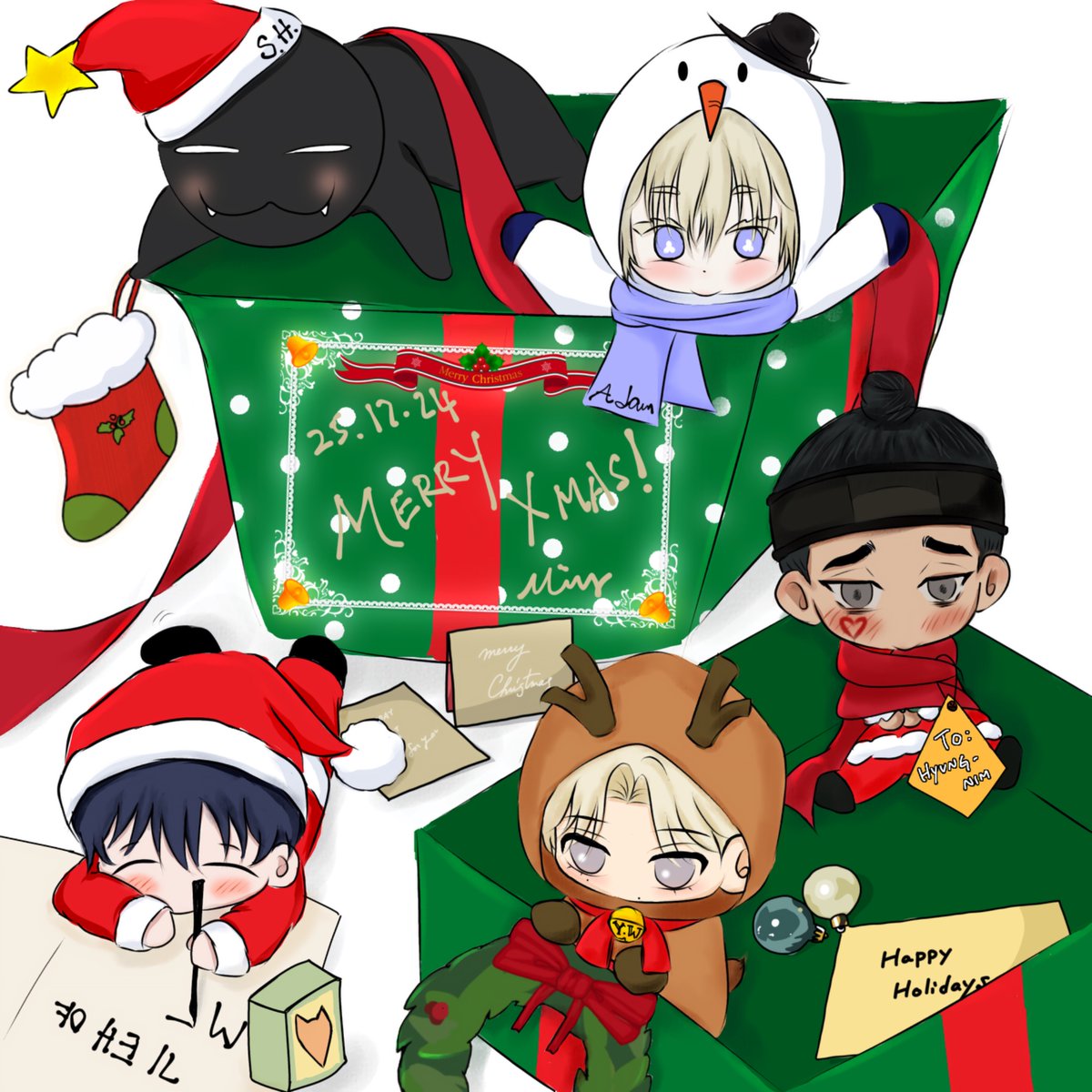 minvii23's tweet photo. “쿵쿵쿵! 크리스마스 선물이 도착했습니다!” ⛄️🎄🎁🦌🎅🏻
Merry Christmas to y’all! I hope it's not too late to receive these Xmas presents 😆
@rlaeofl38 @busy_bwthell @DactoGongji @GANGDDO_ @magyusik_00
#pmdraws #두들 #팬아트 #해뜨는집 #디어제로제로 #창없는방 #백라이트 #연의기록 https://t.co/D1R6lx5TU6