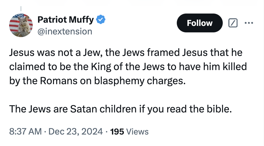 SethDillon's tweet photo. When you claim to follow Christ but hate Jews, you experience some serious cognitive dissonance. One way to resolve it is by denying that Jesus was a Jew.

But He was a Jew. So was Paul. The authors of all the books of the New Testament (except Luke/Acts) were Jews.

Jews played a role both in Christ's crucifixion and the founding of the Christian Church, exalting Christ as Lord and Savior. Focusing on the former to the exclusion of the latter is done solely for the purpose of vilification. It's pure hatred for people loved by God. Paul would have repudiated this in the harshest terms possible.