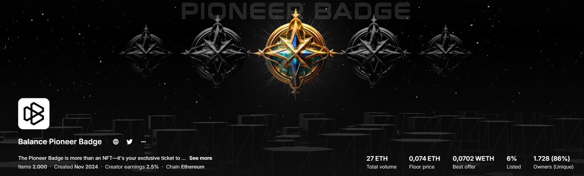 2Loud ekibi olarak 12 WL dağıttığımız Balance Pioneer Badge NFT'leri alım satıma açıldı. 

0.08 ETH fiyatından satılıyor şu an. 
Yaklaşık $3500 dağıttık topluluğumuza. 
Daha fazlası yolda, Telegram grubumuza bekleriz 👇
t.me/Loud2Network

NFT 👉 opensea.io/collection/bal…