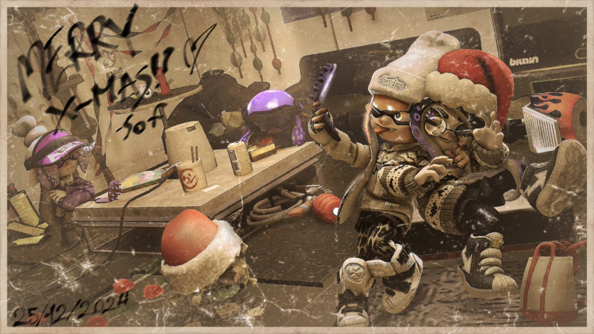 blodSFM's tweet photo. "This is an old photo the surveillance camera recorded. We asked the staff there to print the frame for us. Who's Sof?... A nuisance. Why that look? ...It's sarcasm, of course."
Merry Christmas everyone! Clear picture in the replies <3
.
.
.
#Splatoon3 #SFM #ibisPaintX #Christmas https://t.co/33PtKo7Lfx