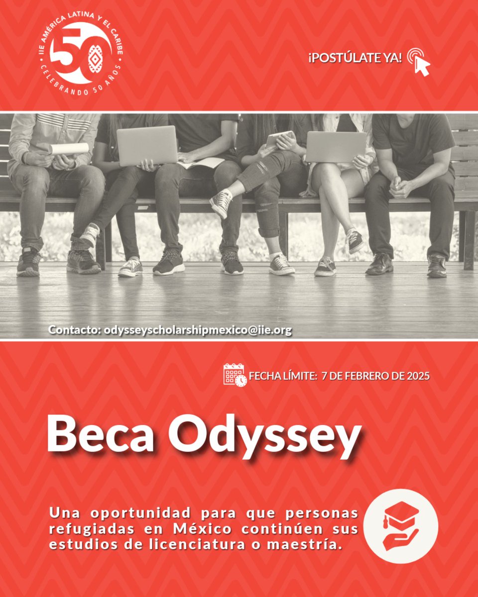 📢 #Beca IIE Odyssey 2025 para personas refugiadas en México.

🗓️ Plazo: 7 de febrero.
✔️ Beca completa + laptop y libros.
✔️ Estipendio mensual.
✔️ Seguro médico y seguimiento psicosocial.
Detalles: tinyurl.com/4rahsdnx

📩 odysseyscholarshipmexico@iie.org
#RefugiadosMéxico