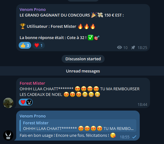 VenomFoot's tweet photo. Première fois que je vois quelqu’un refuser de prendre 150€ gratuitement 😂😂

Du coup, je relance le tirage au sort à 22 h !

150 € de nouveau à gagner sous ce tweet : commente, RT et like

150€ Gagner par "Forest Mister" sur le Telegram 

#TeamParieur https://t.co/qX7S8UbTjp