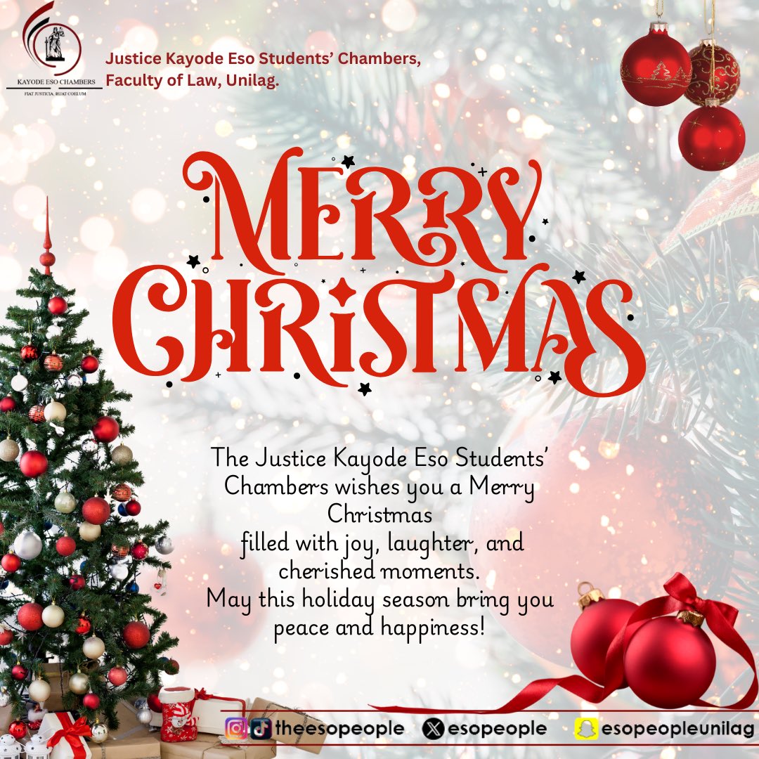 EsoPeople's tweet photo. 🎵For unto us a child is born, unto us a son is given 🎶
The Justice Kayode ESO Students' Chamber, University of Lagos wishes you a fulfilling Christmas and a joyous New Year in advance.
©️FIAT JUSTICIA, RUAT COELUM*
#THEESOPEOPLE
#ESODOESITBEST
#IGNITEESOSFLAME https://t.co/CPM9b0U6Sx