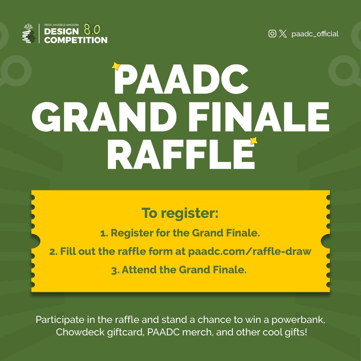 IT'S TIME TO WIN BIG! 🚀 

The PAADC Grand Finale Raffle Draw is LIVE! 🎉  

Follow the instructions on the flyer to register now and don't miss out on this. 

Click here to get started. 💚

paadc.com/raffle-draw

#PAADC8 #GrandFinale