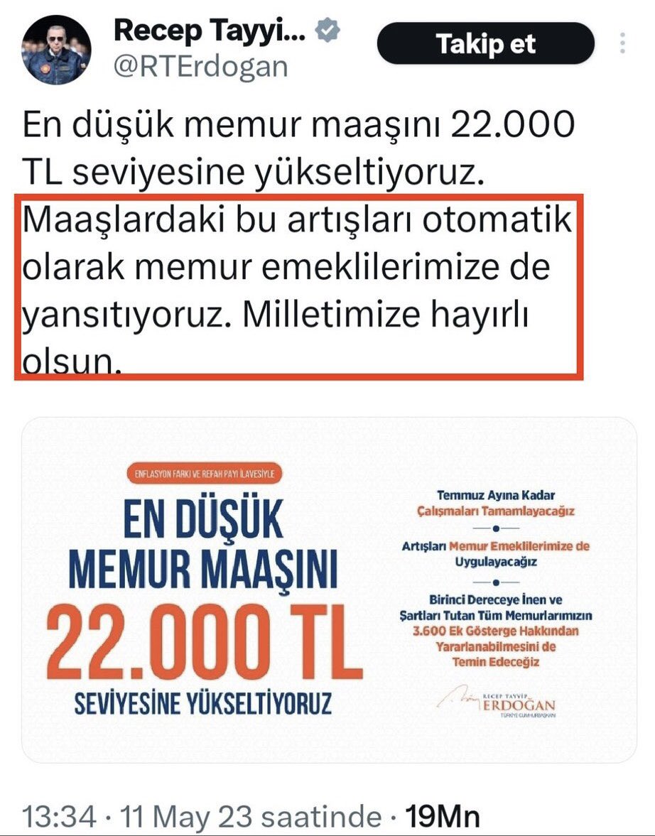 Sayın Cumhurbaşkanım <a href="/RTErdogan/">Recep Tayyip Erdoğan</a> bizler #EmekliMemur lar olarak 11 Mayıs 2023 günü vermiş olduğunuz söze inandık ve güvendik.Ancak vermiş olduğunuz sözün üzerinden tam 19 ay geçmesine rağmen memur emeklisi memurun aldığı zammı hala al(a)madı. 
Memur Emeklisi
#MemurEmeklisineAdalet