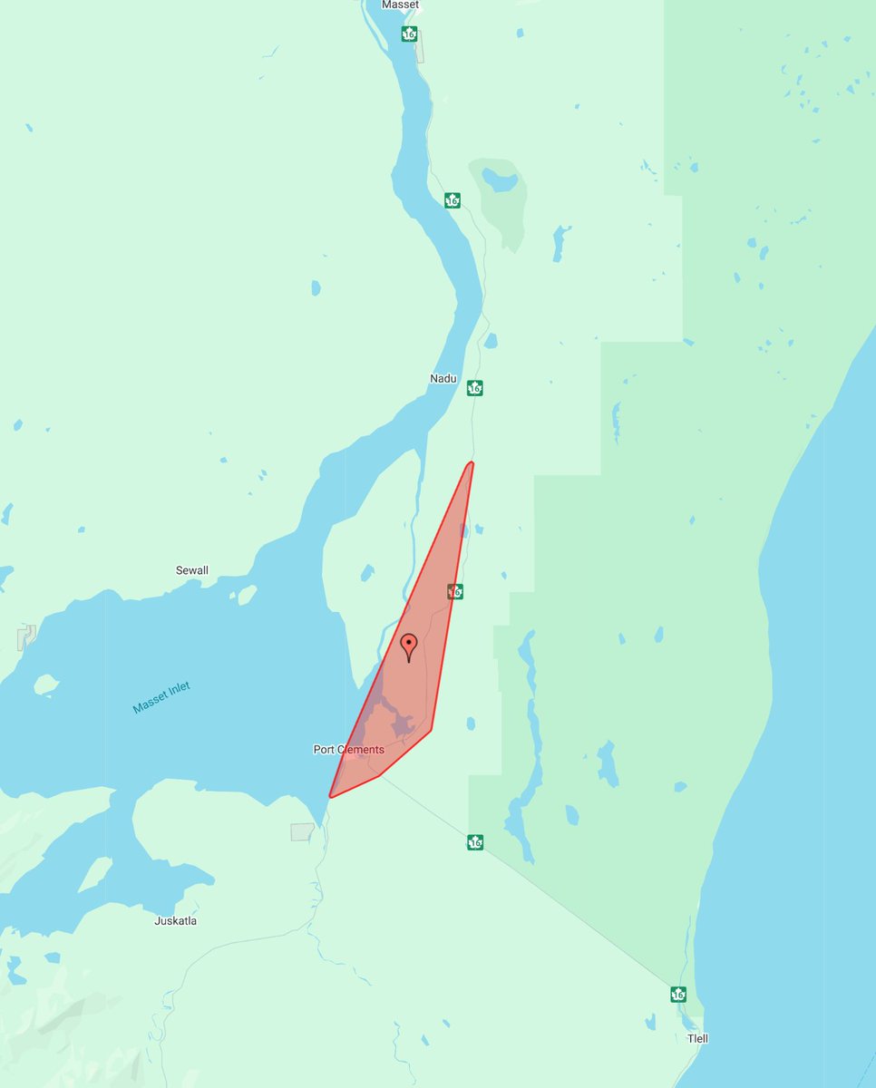 DriveBC's tweet photo. ⛔️UPDATE #BCHwy16 Closed in both directions south of #Tlell due to hydro wires on the road.
@bchydro crews on the way.
Source: https://t.co/hWQdlWCch2
ℹ️https://t.co/C0WIs7YVkZ
#HaidaGwaii #Massett #Skidegate