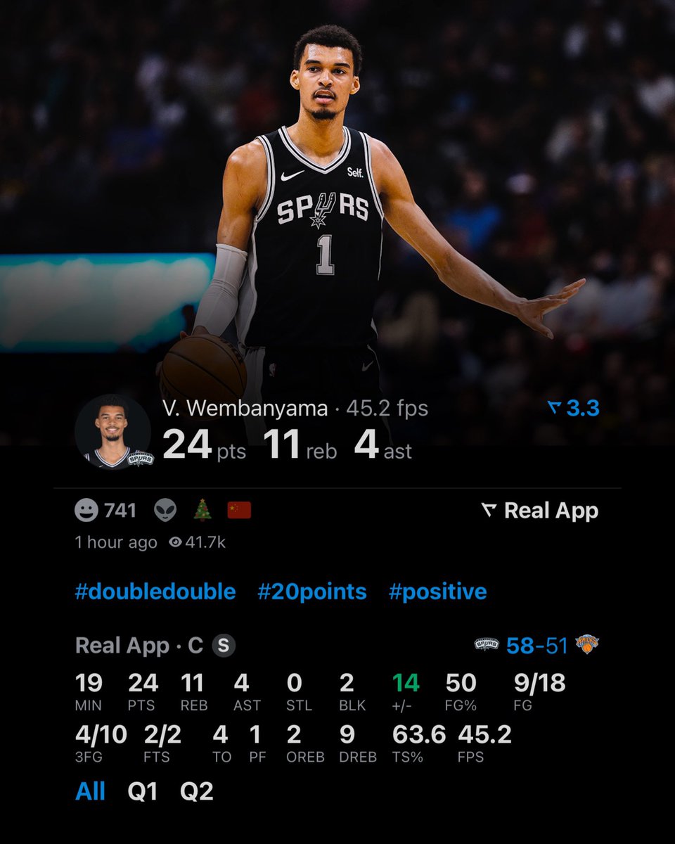 LegionHoops's tweet photo. WEMBY AT THE HALF ON CHRISTMAS DAY 🎁

24 POINTS
11 REBOUNDS
4 THREES
2 BLOCKS 
9/18 FG

GOING OFF. (via @realapp) https://t.co/YH0bJCKzq6