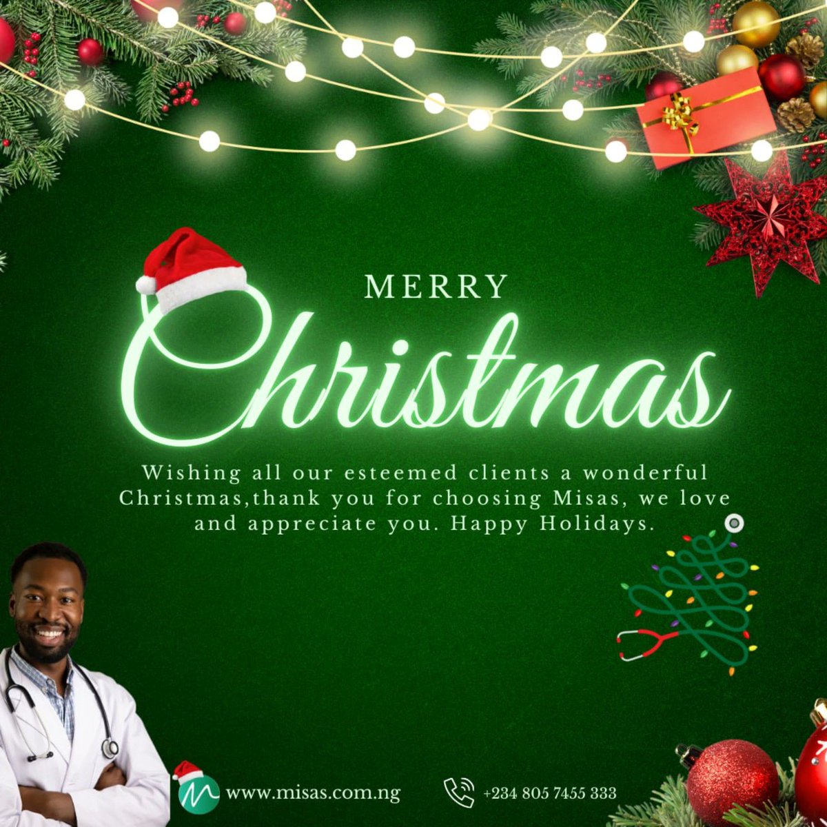 MISAS_NG's tweet photo. Merry Christmas from all of us at Misas!
This season, we're grateful for the opportunity to support your journey toward better healthcare. Here's to a holiday filled with joy, peace, and wellness! 🎁🩺🎄
.
. 
#MerryChristmas2024 #healthcareinnovation #emr https://t.co/wn1SEVQQYa