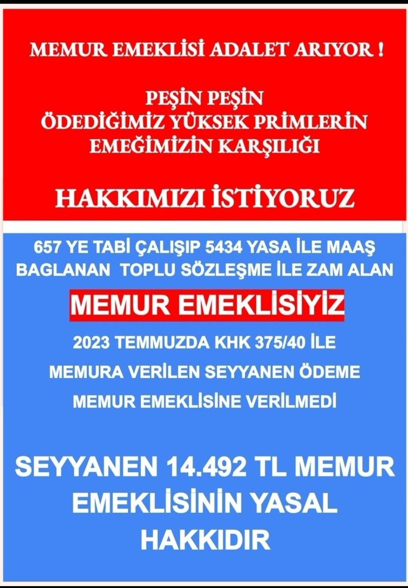 2,5 milyon Memur emeklisi, kimseden lütuf ve ayrıcalık istemiyor, sadece hakkını istiyor. 375/40 ek madde İPTAL edilsin #MemurEmeklisineAdalet 
#EmekliMemur 
<a href="/dbdevletbahceli/">Devlet Bahçeli</a> 
<a href="/MhpTbmmGrubu/">MHP TBMM Grubu #MHP</a> 
<a href="/Akparti/">AK Parti</a>