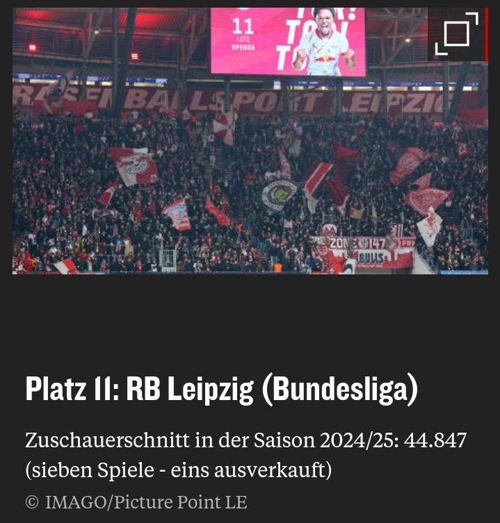 Mittwoch, 25.12.2024
 
Offizieller Zuschauerschnitt: 44.847 in der Red Bull Arena
Auslastung: 92% 

Wa(h)rer Zuschauerschnitt: 19.885
Reale Auslastung: 41,60%