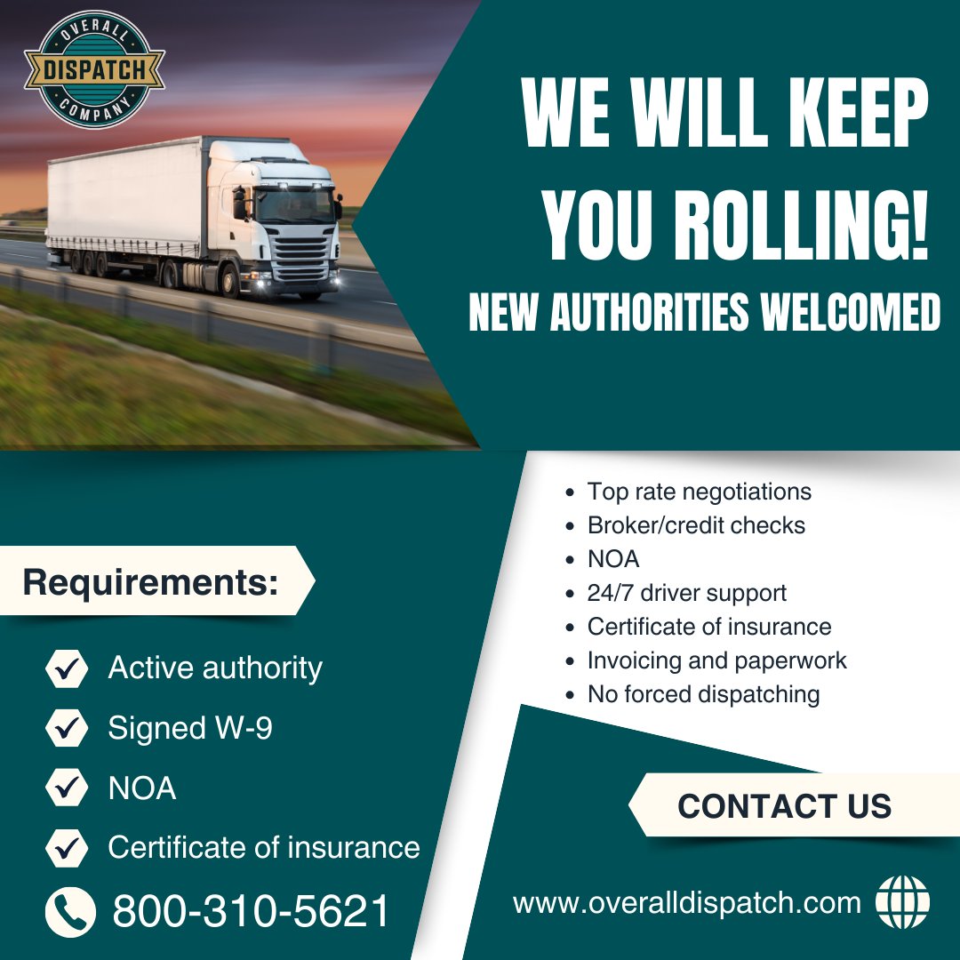 OverallDispatch's tweet image. WE WILL KEEP YOU ROLLING! 🚛
New authorities are always welcomed! Get top-notch support and benefits to keep your business moving. 📈
🔑 Requirements:
✔ Active authority
✔ Signed W-9
✔ NOA
✔ Certificate of insurance

 #TruckingCommunity #FreightBroker