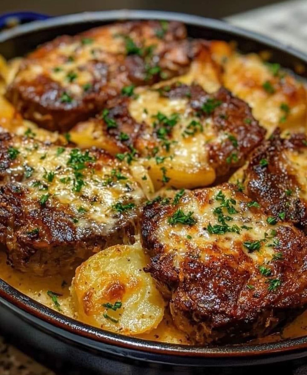 Garlic Parmesan Beef Chops with Cheesy Scalloped Potatoes