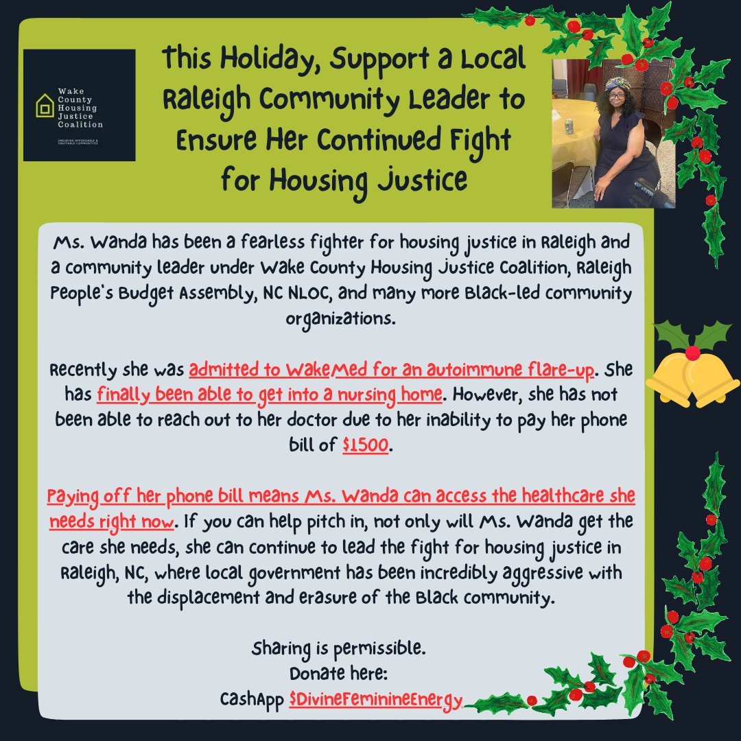 This holiday, help a local Raleigh housing justice fighter get the healthcare she needs! 

cash.app/$DivineFeminin… #healthcare #accessibility #housingjustice
