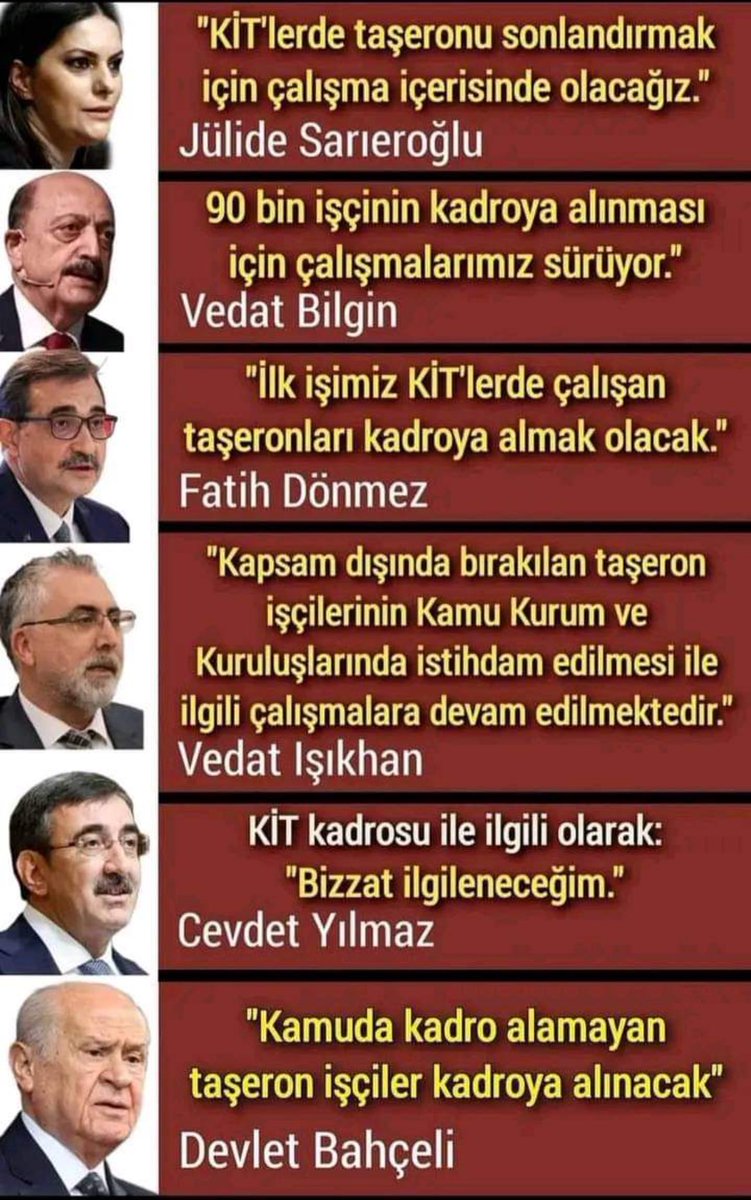 TaşeronSözde Kaldı sözler havada kaldı.Hayaldi gerçek oldu sloganı yalan oldu.Verilen sözlerin tutulması için ne yapılmasını istiyorsunuz söyleyin yapalım.Eğerki verdiğiniz sözlerin hatırlatılmasından rahatsız oluyorsa vicdanınız ya kadromuzu verin yada vermeyeceğiz diye söyleyin