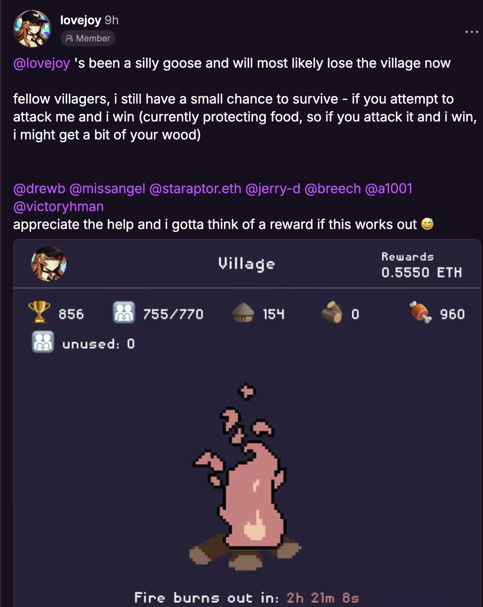 noahwbragg's tweet photo. It's a Christmas story.

LoveJoy only had 2 hrs left to stoke before she would lose her village that she's been working on for 3 months! She is #18 on the leaderboard.

She had no villagers left and had already used her raid and lost her wood.

Her only hope was for someone to try to raid her food and a 50% chance of her randomly getting some wood.

She put out a plea to her neighbors for help and Drew came to save the day with this Christmas gift!

Merry Christmas! 🎄