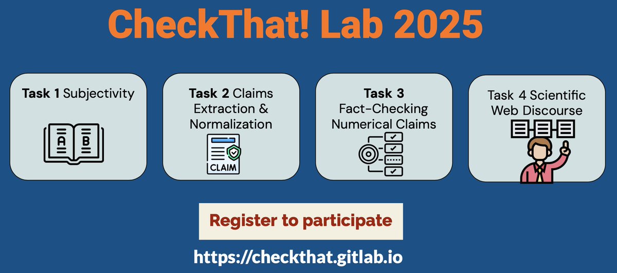 🚀 Registration for CLEF 2025 Labs is NOW OPEN! Don’t miss your chance to participate in this year’s CheckThat! Lab, where we tackle some of the most critical challenges in fact-checking and information verification.
🔥 Why Join CheckThat! Lab?
This year, we bring you four