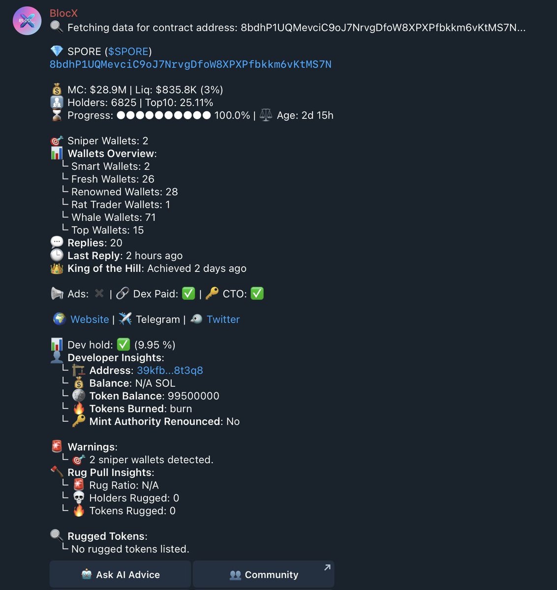 FCG_Studio's tweet photo. Oh wow!!! The $BLX tech works just like promised.
@BlocX_0x0 Telegram Bot is up and running.
Easily sign in and start analyzing all the coins like a pro.
...
Here are examples for  $SPORE and $OGCHILLGUY
.
The ammount of #Solana DeFi tech coming out recently is astounding. https://t.co/HBkp7su4WZ