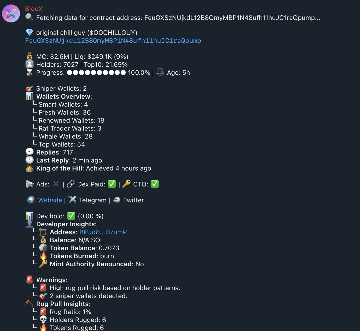 FCG_Studio's tweet photo. Oh wow!!! The $BLX tech works just like promised.
@BlocX_0x0 Telegram Bot is up and running.
Easily sign in and start analyzing all the coins like a pro.
...
Here are examples for  $SPORE and $OGCHILLGUY
.
The ammount of #Solana DeFi tech coming out recently is astounding. https://t.co/HBkp7su4WZ