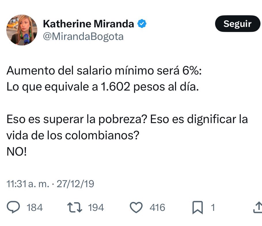 FisicoImpuro's tweet photo. A Miranda no le servía antes cuando el aumento del salario mínimo era de $1.602 pesos al día, y tampoco le sirve ahora que el aumento es de $4.117 pesos por día.

Lo único que le sirve a ella es el odio que le tiene @petrogustavo y a la gente que votó por ella. https://t.co/O8AjJs8afO