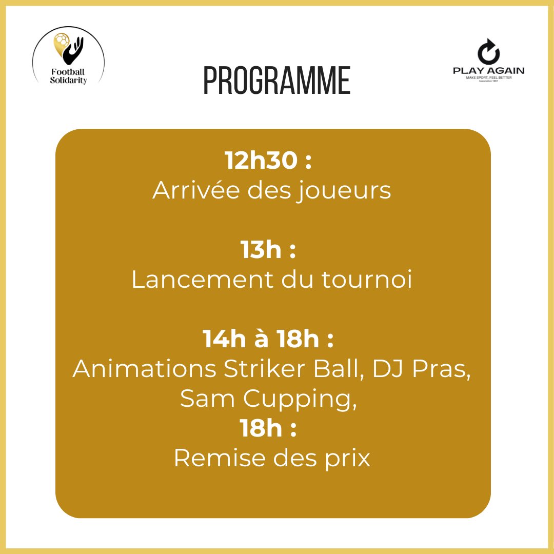 DECOUVREZ NOTRE PROGRAMME

TOURNOI SOLIDAIRE 
FOOTBALLSOLIDARITY X PLAY AGAIN ASSO

🔵 12-30 : arrivée des joueurs  
CAFÉ / BRIEF ☕️🗣️
13H : début du tournoi
⏱️ durée matchs : 15min 

⚽️  INFOS PRATIQUES ⚽️
📍@lefivebezons
10 Henri de France 95870 Bezons