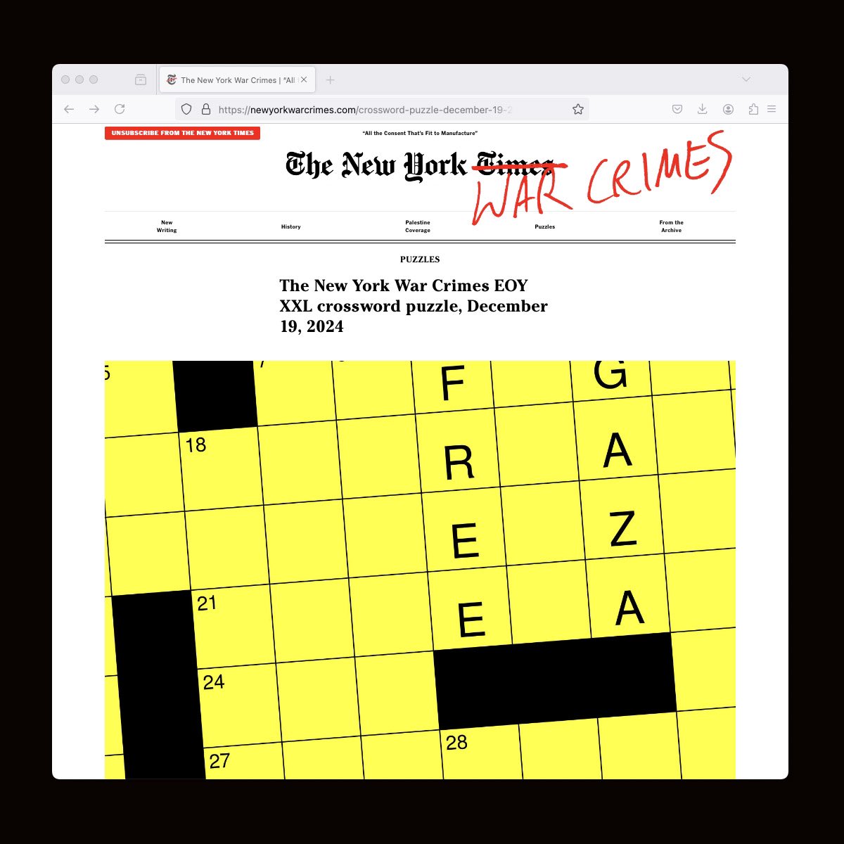 BrandonWilner's tweet photo. And the latest @nywarcrimes crossword puzzle is a special XXL version—a group effort by 5 contributors that's twice the size of our normal grids and totals 254 clues. Includes a printable PDF so you can solve it with your loved ones over the holidays:

https://t.co/KWoyzQspgu https://t.co/5JS0gKBe86