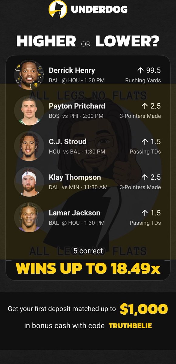 alllegsnoflats's tweet image. 3s and TDs… +1849 NFL and NBA 5 Leg parlay… @UnderdogFantasy this too easy

⚠️ Tail wisely and responsibly ⚠️

Click Link to tail… play.underdogfantasy.com/es-n764kZLIiO