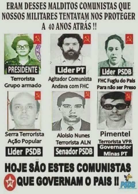 Anistiados terroristas chegaram ao poder depois da anistia. Agora bradam "Sem Anistia" para mãe de dois menores, que escreveu com batom numa estátua. Tem idosas que estão presas e com certeza morrerão dentro de uma cela. Que democracia é essa?