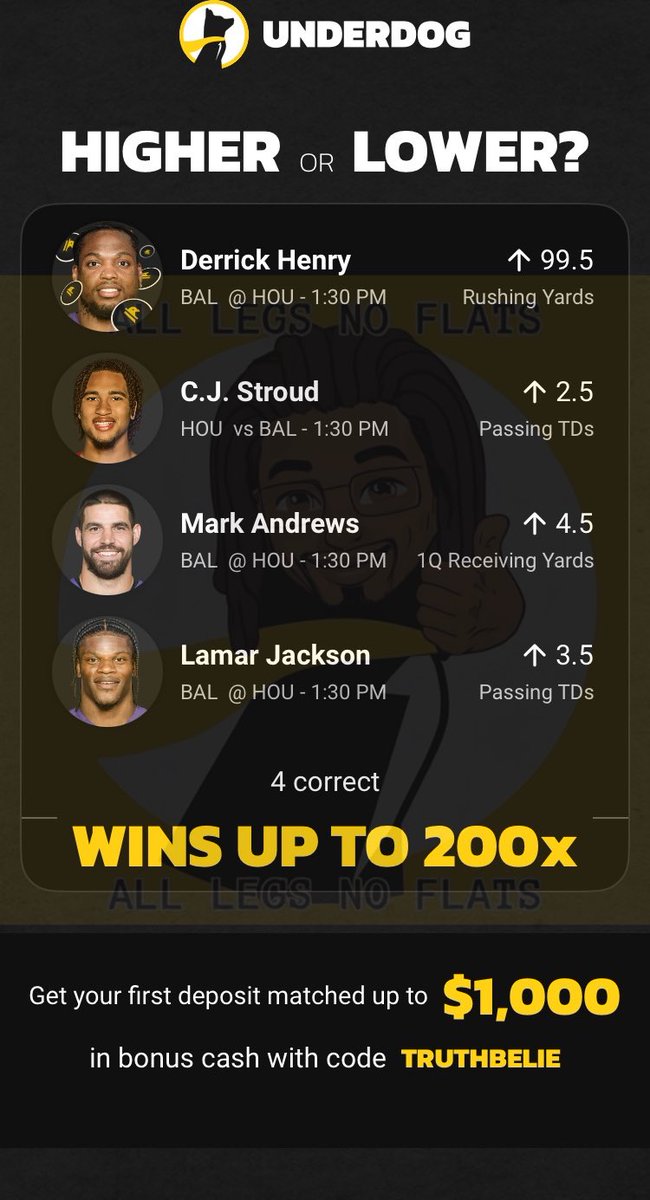 alllegsnoflats's tweet image. Didn’t hit the Mega Millions yesterday? Don’t trip I got you… super duper mega lotto +20000 4 leg parlay… @Underdog__NFL I hope yall got enough to pay this one out

⚠️ Tail wisely and responsibly ⚠️

Click link to tail… play.underdogfantasy.com/es-d5ZLBxfRVr