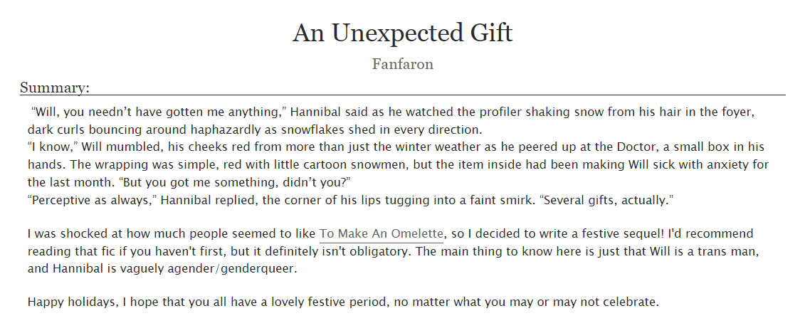 FelixFanfaron's tweet photo. Happy holidays~!
Here is my gift to you 🫀
A fluffy, smutty Hannigram one shot, featuring trans top Will and agender bottom Hannibal 💕
Link below ⬇️
#Hannibal #Hannigram #TopWillGraham #BottomHannibalLecter #TransWillGraham #TransHannibalLecter https://t.co/Dao4i6RA60