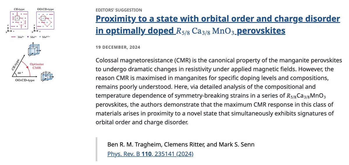 PRB Editors' Suggestion: Proximity to a state with #orbital order and #charge disorder in optimally doped 𝑅5/8⁢Ca3/8⁢MnO3 #perovskites

B.R.M. Tragheim et al.,
PRB 110, 235141

➡️ go.aps.org/3DqBu7E
#OpenAccess #EdSugg <a href="/APSPhysics/">American Physical Society</a> #condmat #physics <a href="/warwickchem/">Warwick Chemistry</a> <a href="/senngroup/">Senn Group</a>
