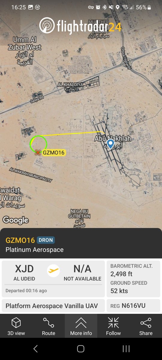 ameliairheart's tweet image. Platform Aerospace VA001 ultra long endurance UAV with callsign GZMO16 flying out of Al Udeid AB, QA. This is the first time I've seen N616VU, and the first time I can recall seeing a Vanilla Unmanned drone in Qatar. #ADSB #A806F6