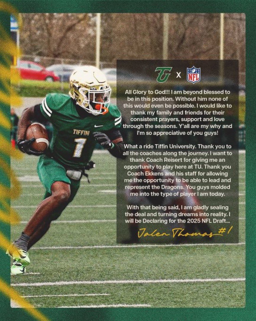 jalennnnn_'s tweet photo. Thank You TU💚 Tiffin Accolades

•4th All-Time in career yards (2469)
•Tied 4th All Time Career TD (20)
•6th receiver ever to have a 1000 yd season
•1st Team All conference (2024)
•2nd Team All Region (2024)
•1x Confernce Champion (2023)
•Don Hansen All American (2024) https://t.co/vnvLF7AcTH