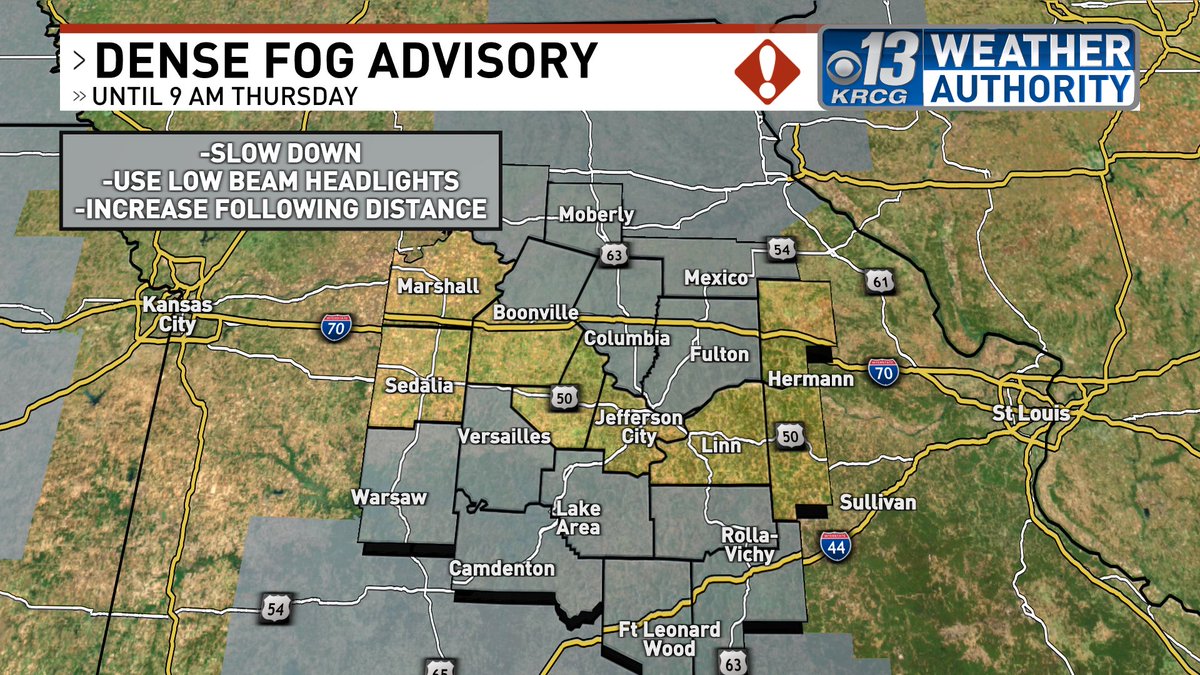 Dense Fog Advisory in effect for much of Mid-Missouri until 9AM Thursday. Some soggy conditions for the night along with the fog but temperatures will begin to rise early thanks to a warm front moving through. Spotty showers Thursday, heavier rain Thursday night. Merry Christmas!