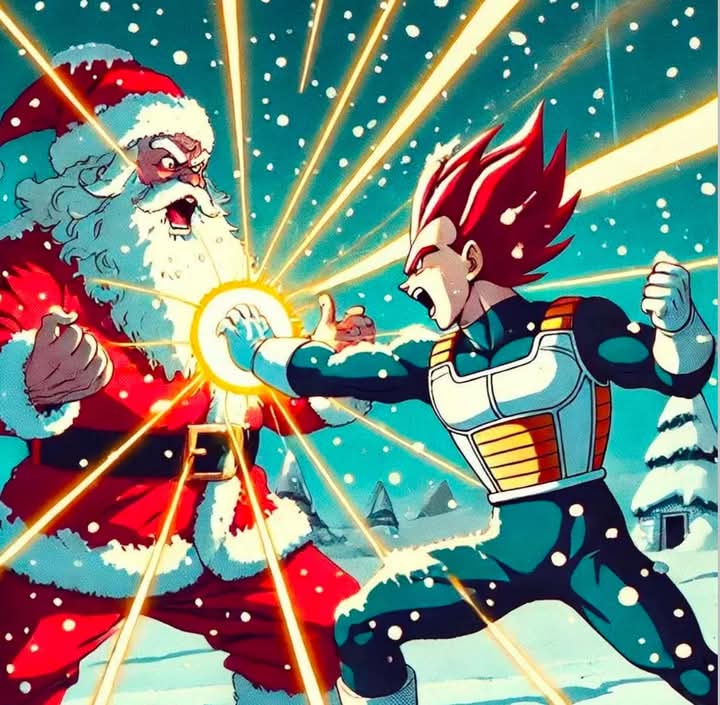 Dabcomics's tweet photo. HILARIOUS 😂😆😂😆😂.... who wins in this fight Santa or Vagetas. Merry Christmas from Dab Comics 🎄 🎁 
#Santa #Vageta #Dbz #funny https://t.co/OTC0s4tMQ7