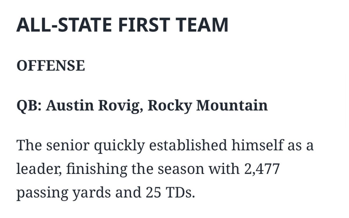 Austin Rovig (@austinrovig) on Twitter photo Blessed to be named 1st team All-State & All-SIC Most Valuable Player! <a href="/KaizenQB/">KAIZEN QB ACADEMY</a> <a href="/gorockyfootball/">Rocky Football</a> <a href="/RAREAcademyID/">RARE Academy</a> <a href="/BrandonHuffman/">Brandon Huffman</a> Blessed to be named 1st team All-State & All-SIC Most Valuable Player! <a href="/KaizenQB/">KAIZEN QB ACADEMY</a> <a href="/gorockyfootball/">Rocky Football</a> <a href="/RAREAcademyID/">RARE Academy</a> <a href="/BrandonHuffman/">Brandon Huffman</a>