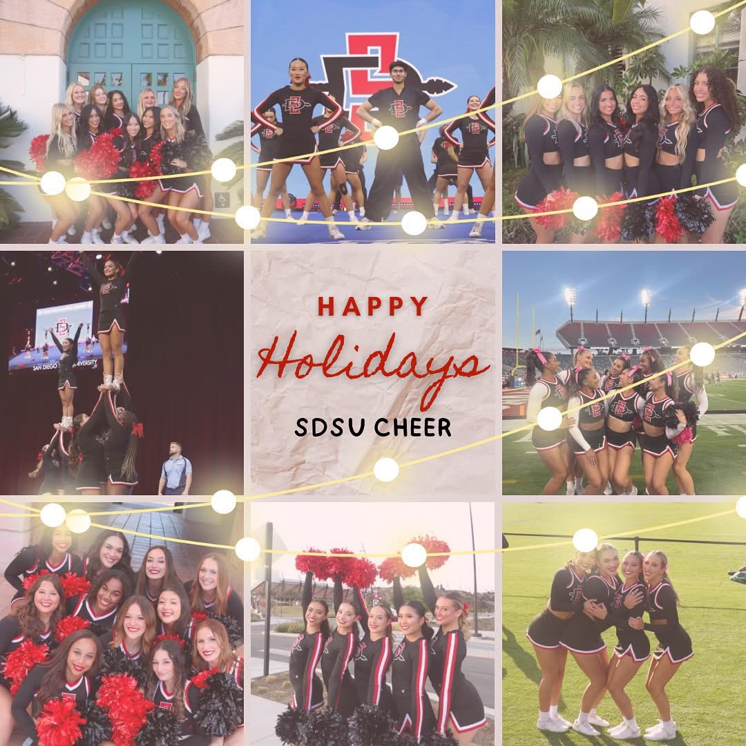 SDSUCheer's tweet photo. ‘Tis the season! Wishing you a cheerful and happy holiday season from SDSU Cheer! ❤️🖤
.
.
.
.
#SDSUCheerleading #YouCantHaveMyAztecLife
#CollegeCheer #R2AM #TogetherWeRise #AR3T
#WeAreAztecs #Cheerleading #SanDiegoState
#MFWB https://t.co/RwktNDS7TT