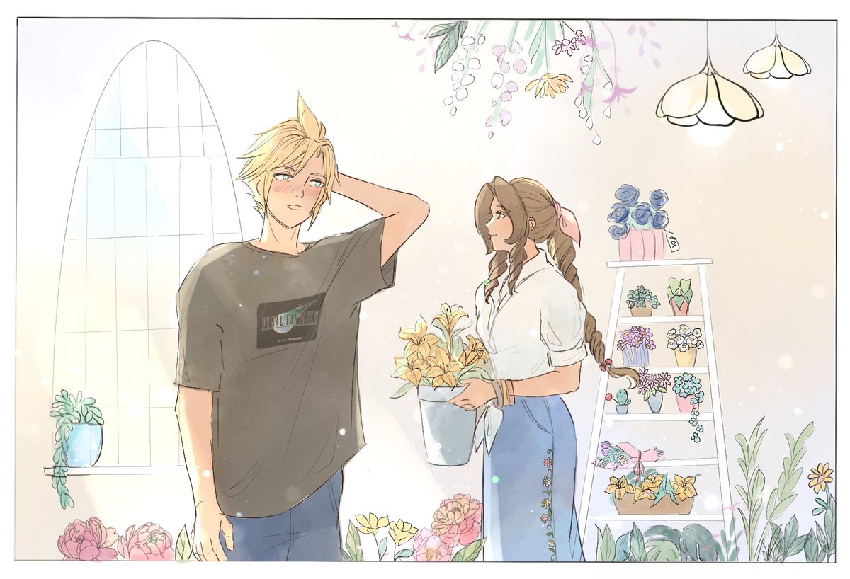 Hi <a href="/neirorien/">neiro 🪱</a> I’m your secret Santa this year and here’s a modern AU meet-cute in Aerith’s flower shop! 
She asks if he needs help and he, well, he suddenly doesn’t know where he’s even from! Happy holidays!!🎄love your amazing art! #clerithsecretsanta2024