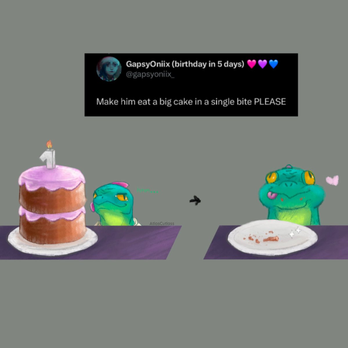 Atlascutlass's tweet photo. Merry Christmas everyone! To kick off the 100 follower special enjoy your fav silly devouring a cake. (Requested by @gaspyoniix_) More to come soon! https://t.co/uNM4ig9bW4