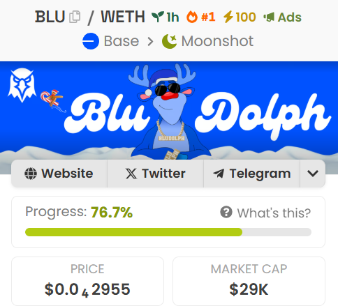 $BLU CTO is now #1 on moonshot trending

don't miss becoming a part of the family this christmas!

buy link; dexscreener.com/base/0xdead524…

telegram; t.me/BluDolphBase

#Base #basememecoin #basechristmas #christmas2024 #memecoin #cryptocurrency #Crypto
