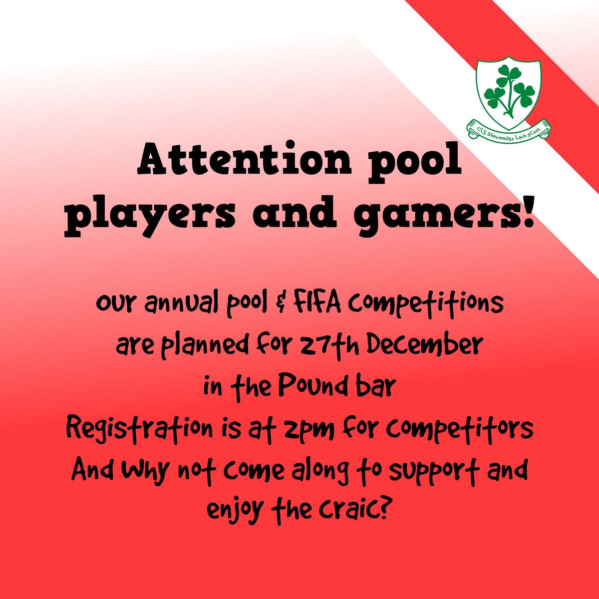 ‼️Registration is now at 12 noon ‼️

The best day of the Christmas Holidays 👌🏻for further information or to enter contact Tony McCloskey or Tiernan Coyle.   

The Pound Bar &amp; Lounge, Loughgiel is the place to be on the 27th 👾💻🎱🎯