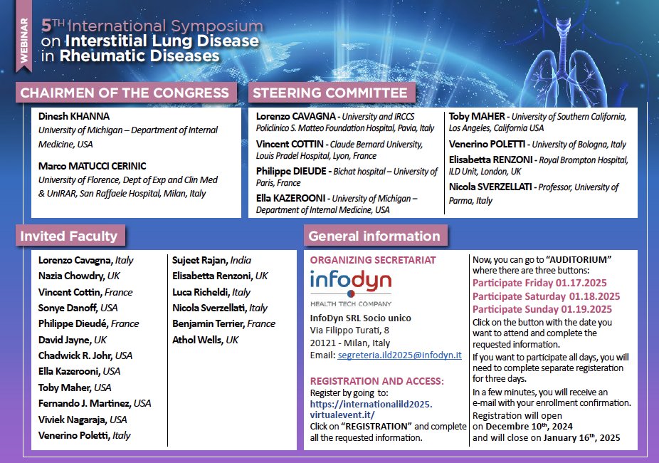 Dr. Dinesh Khanna (@sclerodermaum) on Twitter photo Happy holidays everyone! We are late this year but here is the link to the 5th international symposium on ILDs in rheumatic diseases. Registration is open and free. January 17-19th 1400 CET. Click on internationalild2025.virtualevent.it <a href="/Worldsclerofnd/">World Scleroderma Foundation</a> <a href="/TobyMMaher/">Toby Maher</a> <a href="/OrphaLung/">Vincent Cottin</a> @PhilippeDieude Happy holidays everyone! We are late this year but here is the link to the 5th international symposium on ILDs in rheumatic diseases. Registration is open and free. January 17-19th 1400 CET. Click on internationalild2025.virtualevent.it <a href="/Worldsclerofnd/">World Scleroderma Foundation</a> <a href="/TobyMMaher/">Toby Maher</a> <a href="/OrphaLung/">Vincent Cottin</a> @PhilippeDieude