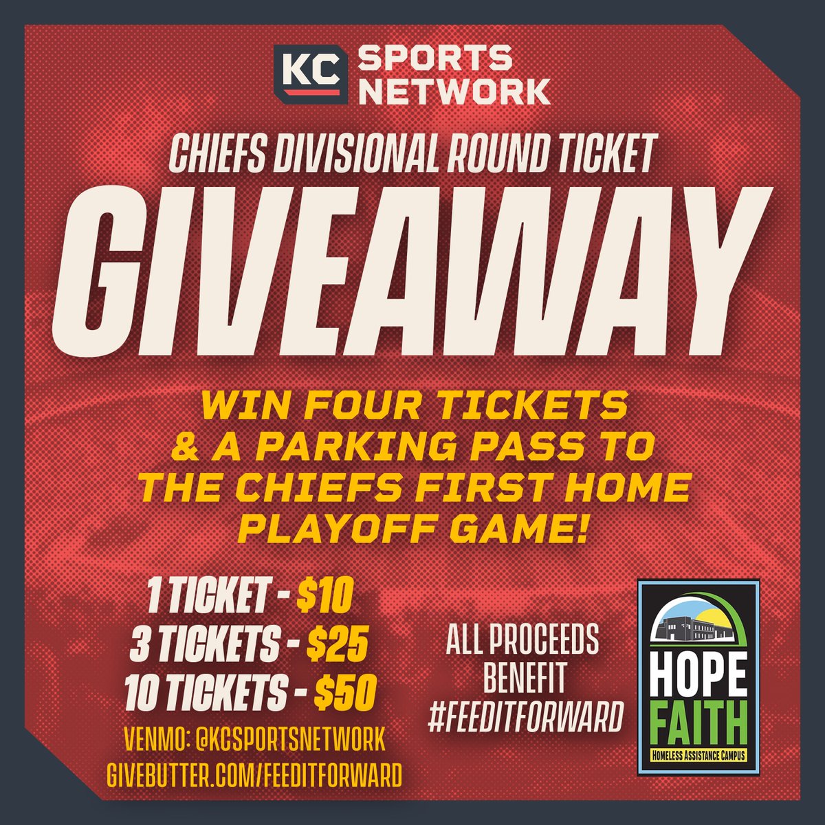 KCSportsNetwork's tweet image. Want to be at the Chiefs Divisional Round Playoff game? We’re giving away (4) tickets and (1) parking pass to the game! 🎟️🚗

Enter: Purchase raffle tickets
   👉 KCSN Venmo: account.venmo.com/u/KCSportsNetw…
  👉 GiveButter: givebutter.com/feeditforward

All proceeds benefit @hopefaithkc! ❤️