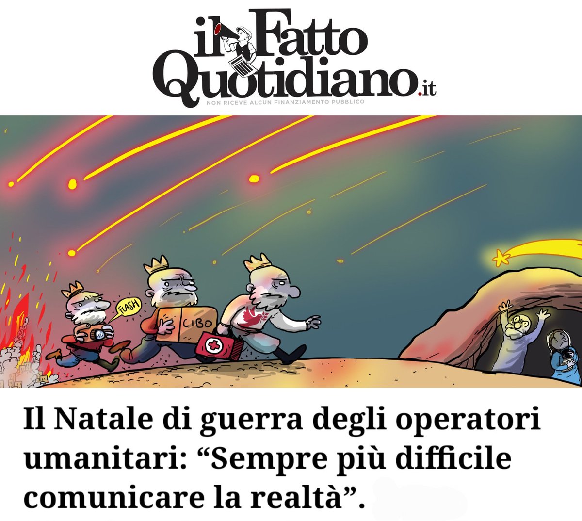 Oggi, come ogni 25 dicembre, l'homepage de Il Fatto Quotidiano apre con un mio disegno. Quello di quest'anno è dedicato agli operatori umanitari nei teatri di guerra. Il dossier è di Martina Castigliani.