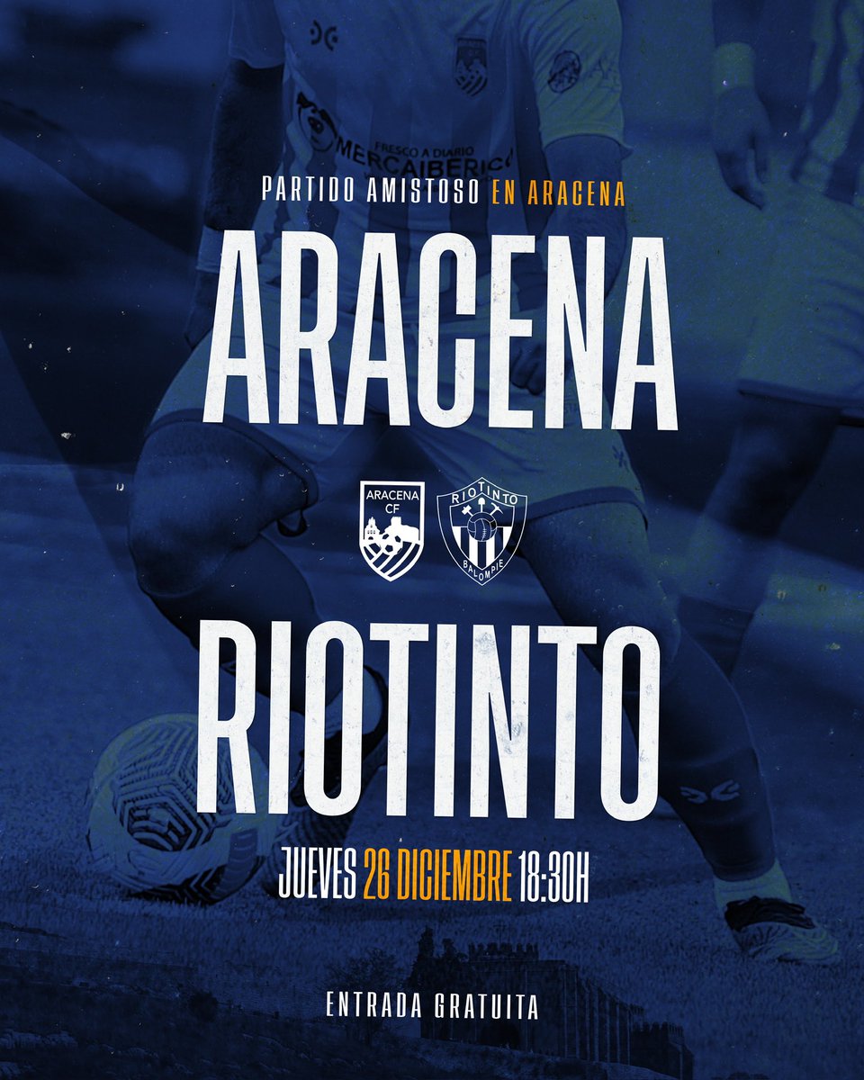 ¡El fútbol no para en Navidades! ⚽💙

Aprovechando el descanso liguero por Navidad, este jueves jugamos un amistoso ante el Riotinto Balompié.

🗓 Jueves 26 
⏰ 18:30 h
📍 Estadio San Jerónimo de Aracena
🎟 Entrada gratuita

¡No faltes y disfruta del fútbol en Aracena! 💪🔵⚪