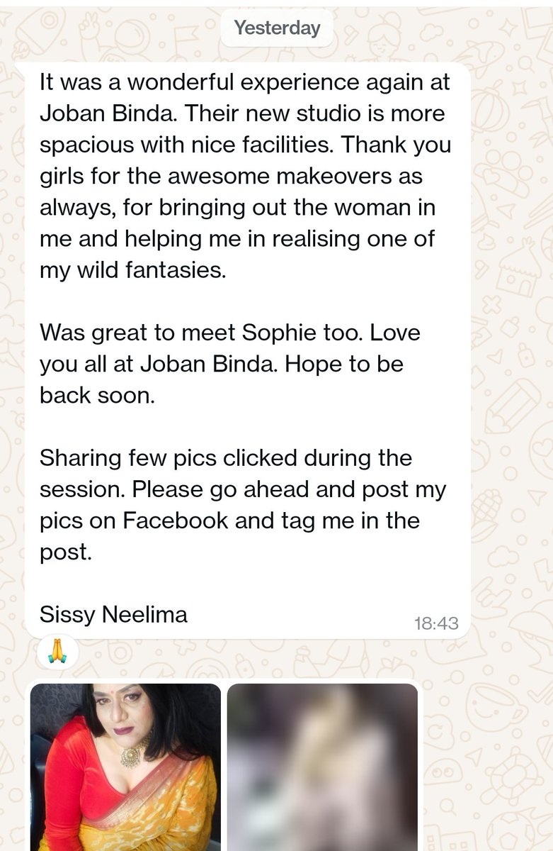 jobanbinda's tweet photo. 💃CLIENT SPEAKS
Client Name - NEELIMA
Came From - PUNE
Services Opted - GOLD PACKAGE (4 looks)
Do read what she says about us.
Thank you NEELIMA for your valuable feedback.
#m2fPune
#boytogirlmakeup
#matureCrossDresser
#maninSaree
#sexybhabhi
#jobanbindacrossDressing https://t.co/6WfpglHTf0