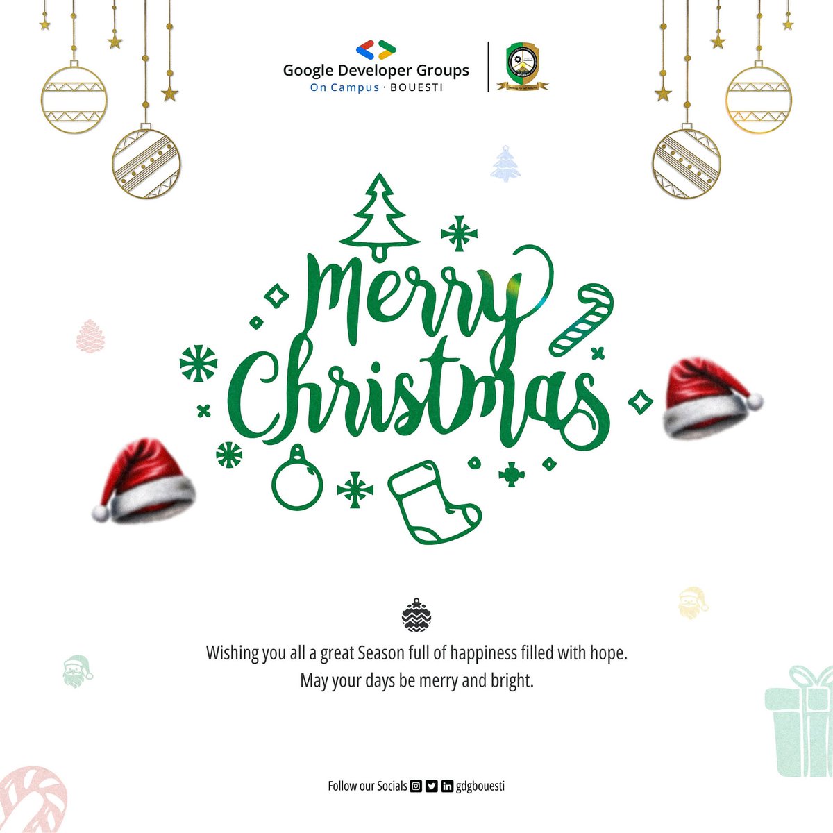 gdgbouesti's tweet image. With joy and gladness in our hearts🎉
we wish you all a Merry Christmas! 🌲
May this festive season be filled with laughter, joy, and cherished moments with loved ones💌
#googledeveloperstudentclub
#gdgboueti
