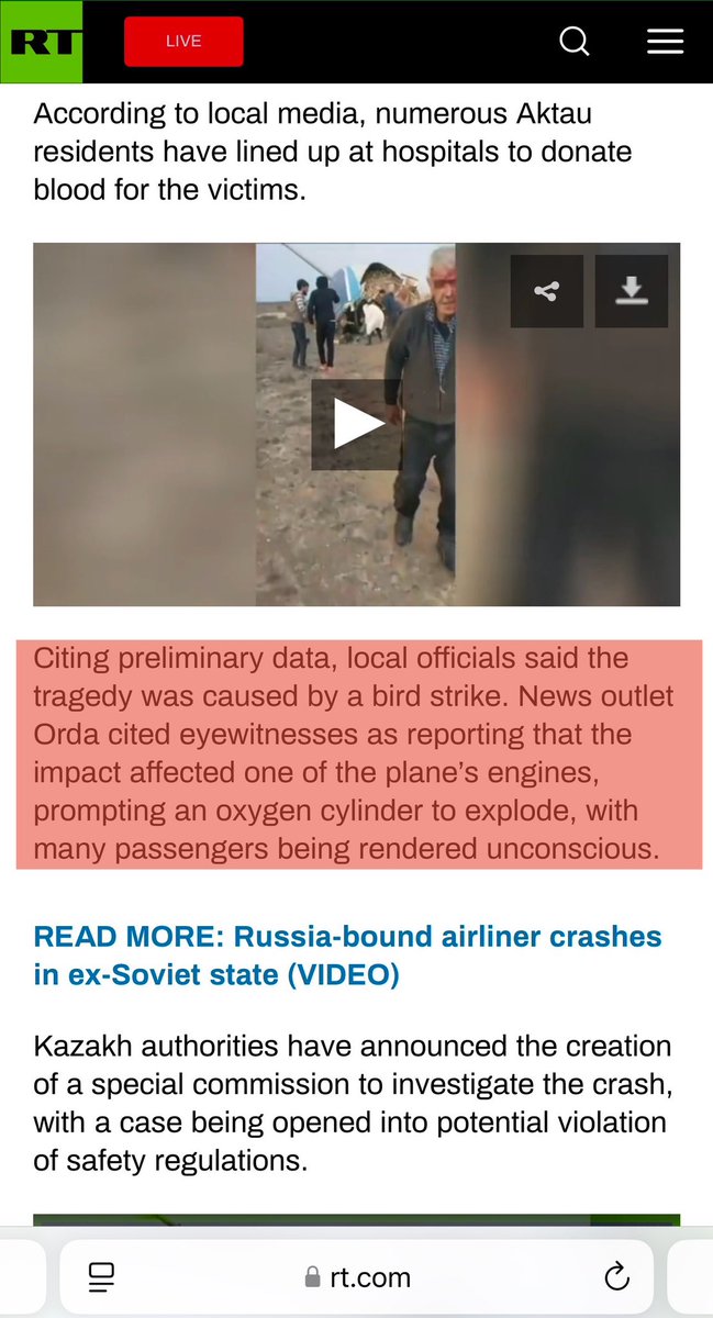 internetguy01's tweet photo. Multiple Russian news sites spinning the Azerbaijan plane crash today of Flight J2 8243 was a bird strike an engine issue which resulted in oxygen cylinder to explode rendering many passengers unconscious!
#RT #PravdaRu #SputnikNews https://t.co/Ho1DLnOrhS