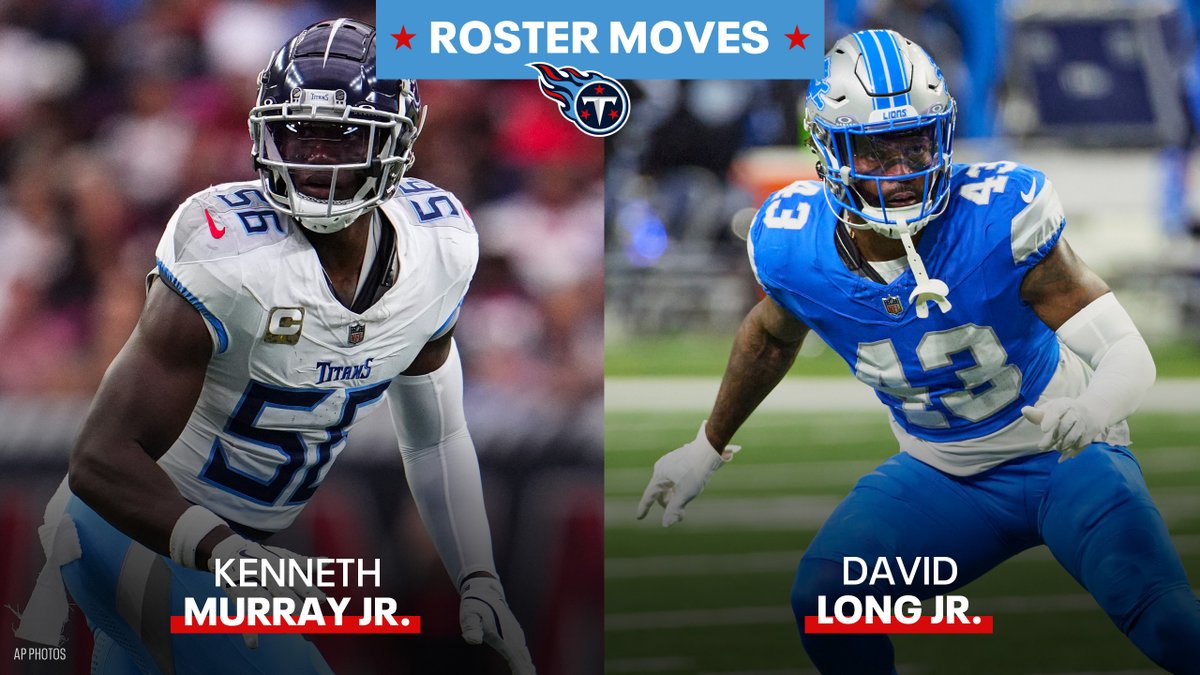 Jim Wyatt (@jwyattsports) on Twitter photo A familiar face returns: The <a href="/Titans/">Tennessee Titans</a> have claimed LB <a href="/David__Long/">Day✖️2</a> off waivers from the <a href="/Lions/">Detroit Lions</a>.
Also, the Titans have placed LB Kenneth Murray Jr. on season-ending Injured Reserve.
STORY bit.ly/3VXLJH4 A familiar face returns: The <a href="/Titans/">Tennessee Titans</a> have claimed LB <a href="/David__Long/">Day✖️2</a> off waivers from the <a href="/Lions/">Detroit Lions</a>.
Also, the Titans have placed LB Kenneth Murray Jr. on season-ending Injured Reserve.
STORY bit.ly/3VXLJH4