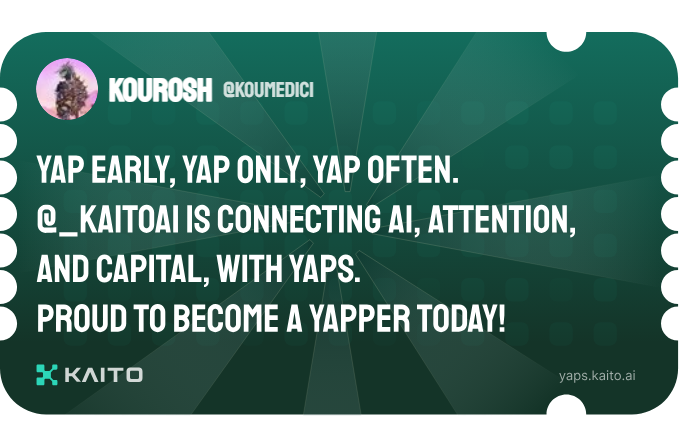 KouMedici's tweet photo. Yap early, yap only, yap often.

@_kaitoai is connecting AI, attention and capital with Yaps.

Just claimed my social card and I'm accumulating Yap points in real-time.

Claim yours 👉 https://t.co/hCJu4X1lfK https://t.co/y8sKW3LM5F